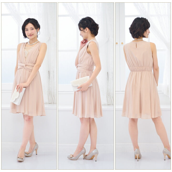 フィット&フレアパーティードレス結婚式ワンピースドレス秋冬膝丈/レース/シフォン/リボン全4色M/L