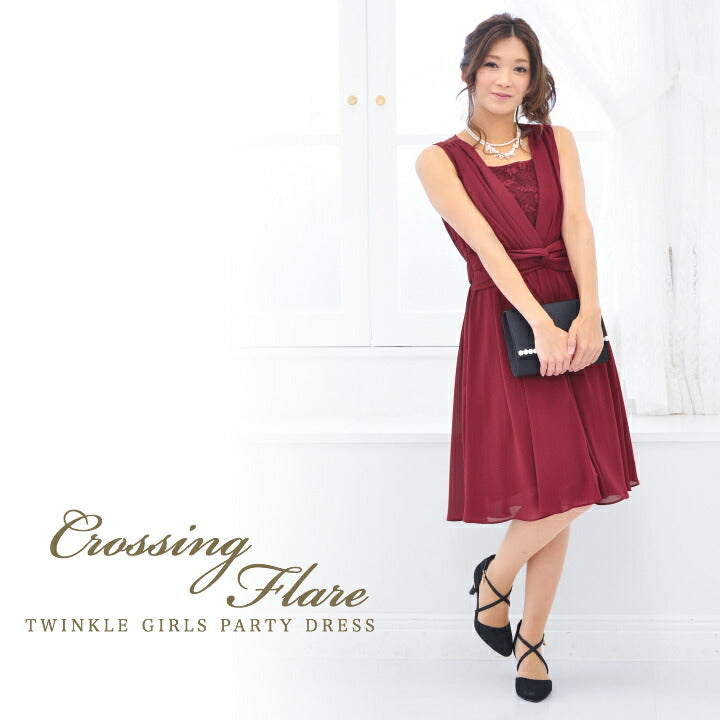 フィット&フレアパーティードレス 結婚式 ワンピース ドレス 春夏 膝丈/レース/シフォン/リボン 全4色 M/L パーティードレス通販TwinkleGirls