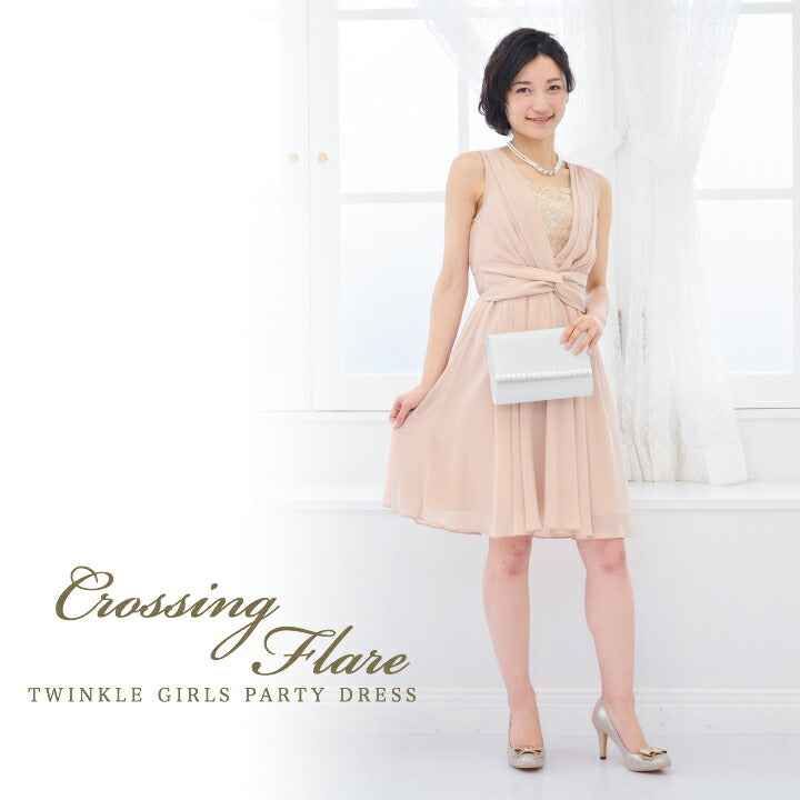 フィット&フレアパーティードレス 結婚式 ワンピース ドレス 春夏 膝丈/レース/シフォン/リボン 全4色 M/L パーティードレス通販TwinkleGirls