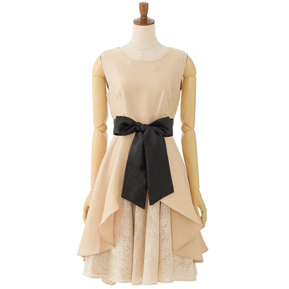 パーティードレス 結婚式/ワンピース/ドレス/春夏/20代/30代/お呼ばれタイト/Aライン/膝丈/リボン/レース/カスケードフリル/ツイルベージュ/グレー/ピンク/ブラック/Mサイズ/9号 パーティードレス通販TwinkleGIrls