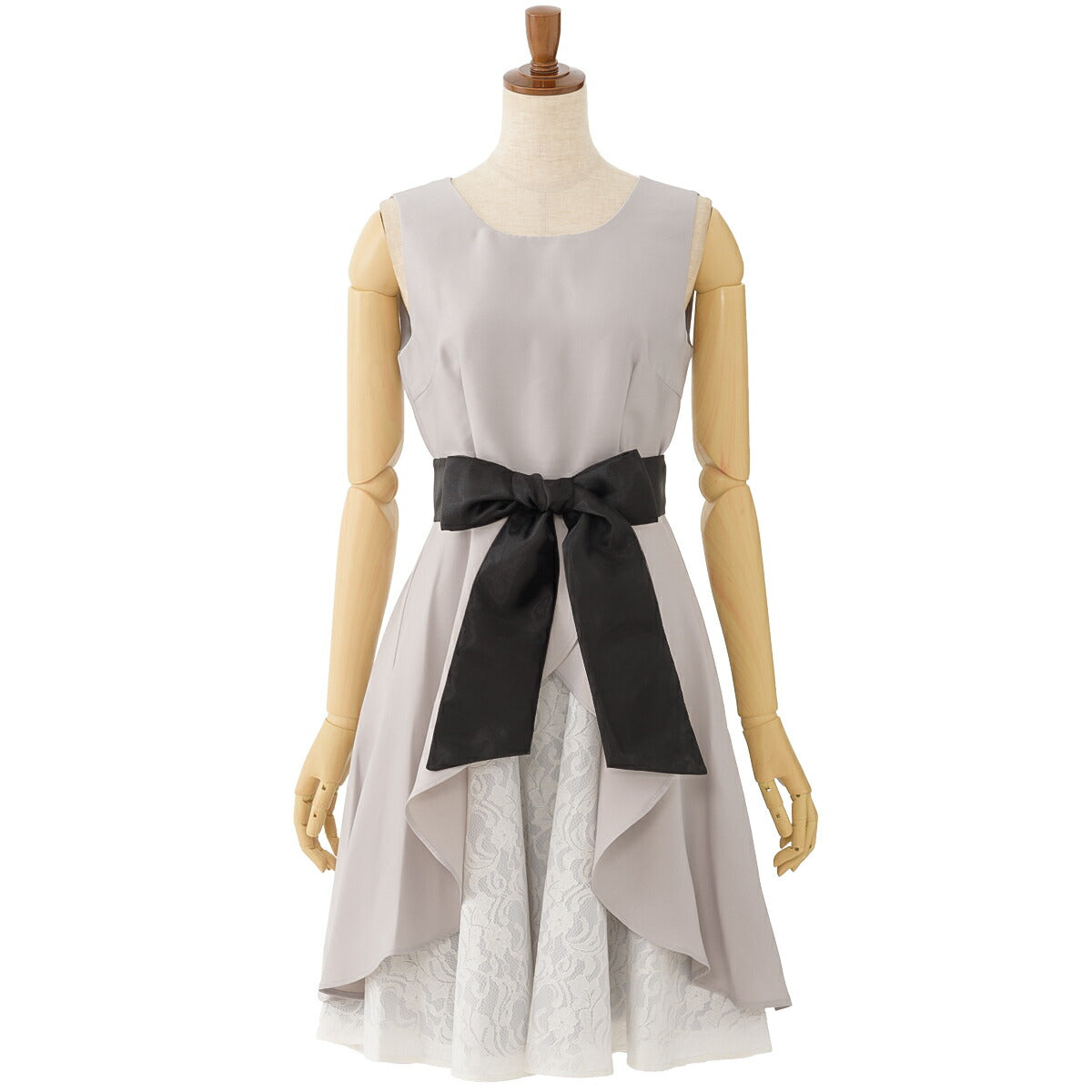 パーティードレス 結婚式/ワンピース/ドレス/春夏/20代/30代/お呼ばれタイト/Aライン/膝丈/リボン/レース/カスケードフリル/ツイルベージュ/グレー/ピンク/ブラック/Mサイズ/9号 パーティードレス通販TwinkleGIrls