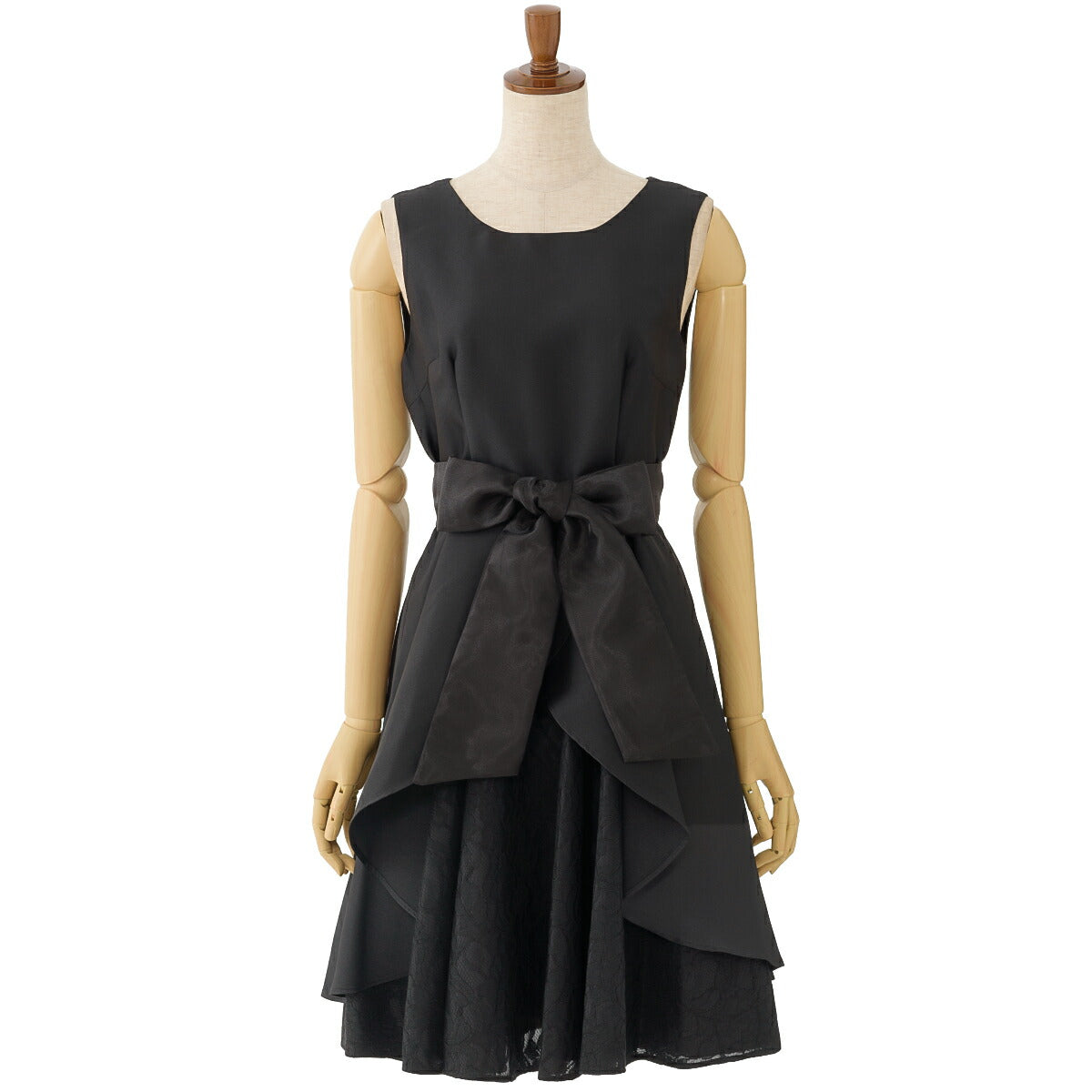 パーティードレス 結婚式/ワンピース/ドレス/春夏/20代/30代/お呼ばれタイト/Aライン/膝丈/リボン/レース/カスケードフリル/ツイルベージュ/グレー/ピンク/ブラック/Mサイズ/9号 パーティードレス通販TwinkleGIrls