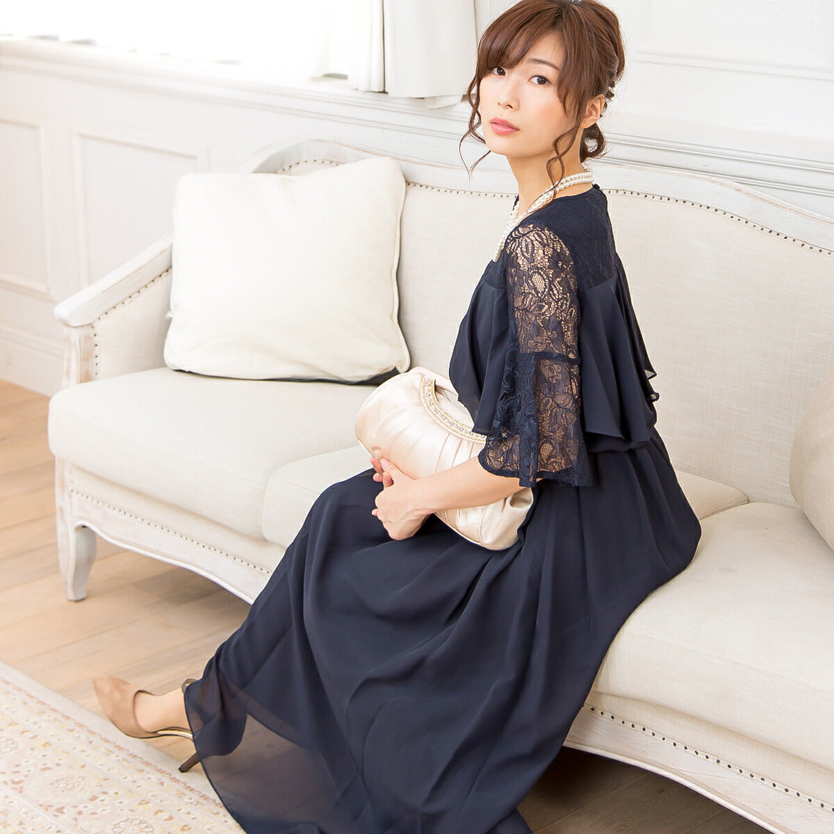 パーティードレス 結婚式 ワンピース ドレス ロング 袖あり ロング丈 謝恩会 お呼ばれ ドレス レース シフォン ミモレ丈 膝丈 M/L/LL/3L - パーティードレス通販TwinkleGIrls