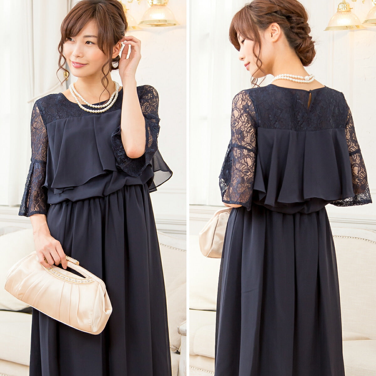 パーティードレス 結婚式 ワンピース ドレス ロング 袖あり ロング丈 謝恩会 お呼ばれ ドレス レース シフォン ミモレ丈 膝丈 M/L/LL/3L - パーティードレス通販TwinkleGIrls