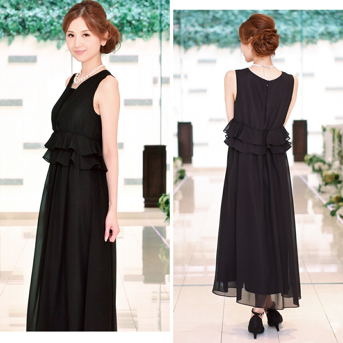 パーティードレス結婚式/ワンピース/ドレス/秋冬/20代/30代/お呼ばれロング丈/くるぶし丈/シフォン/サテン/ペプラム/ボルドー/ブラック/モカ/ネイビー/Mサイズ/Lサイズ/9号/11号