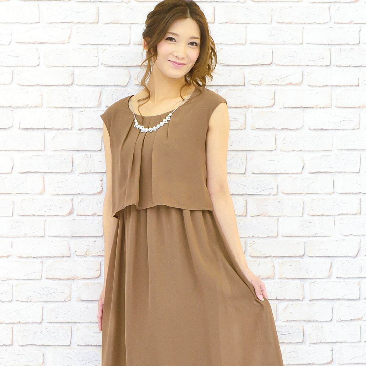 パーティードレス結婚式/ワンピース/ドレス/秋冬/20代/30代/お呼ばれミモレ丈/膝丈/パール/ビジュー/シフォン/サテン/ネックレスセット/レッド/ブラウン/グリーン/ブラック/Mサイズ/Lサイズ/9号/11号