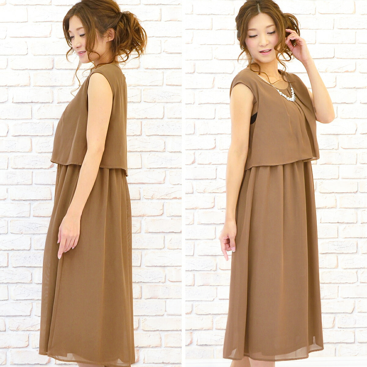 パーティードレス結婚式/ワンピース/ドレス/秋冬/20代/30代/お呼ばれミモレ丈/膝丈/パール/ビジュー/シフォン/サテン/ネックレスセット/レッド/ブラウン/グリーン/ブラック/Mサイズ/Lサイズ/9号/11号