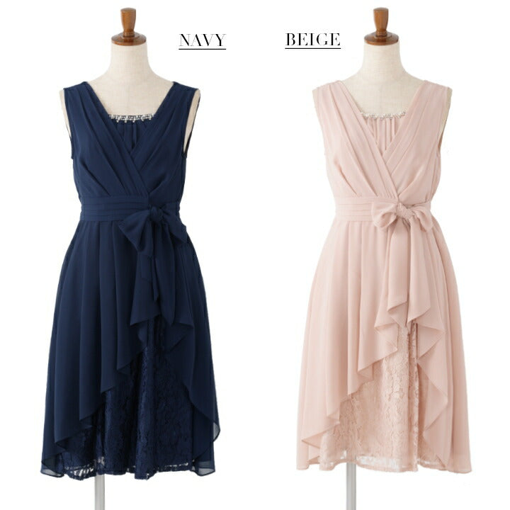 ミドル丈パーティードレス 春夏 膝丈/レース/シフォン/リボン 全4色 Mサイズ/9号