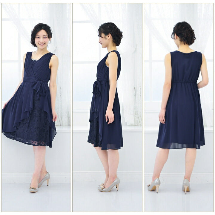 ミドル丈パーティードレス秋冬膝丈/レース/シフォン/リボン全4色Mサイズ/9号
