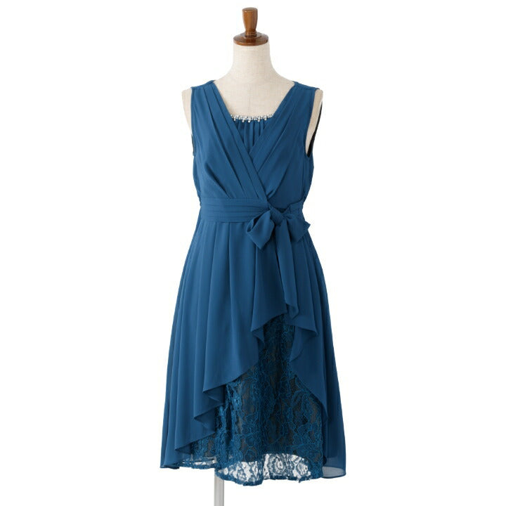 ミドル丈パーティードレス秋冬膝丈/レース/シフォン/リボン全4色Mサイズ/9号