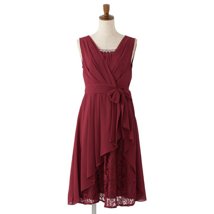 ミドル丈パーティードレス秋冬膝丈/レース/シフォン/リボン全4色Mサイズ/9号