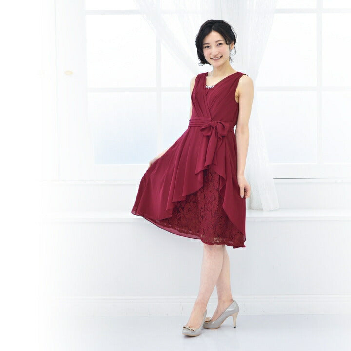 ミドル丈パーティードレス秋冬膝丈/レース/シフォン/リボン全4色Mサイズ/9号