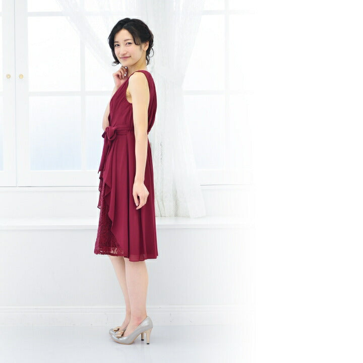 ミドル丈パーティードレス秋冬膝丈/レース/シフォン/リボン全4色Mサイズ/9号