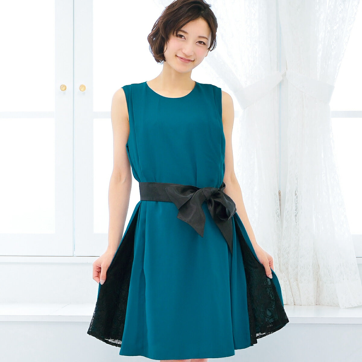 パーティードレス結婚式/ワンピース/ドレス/秋冬/お呼ばれＩライン/膝丈/ジョーゼット/サテン/授乳口/マタニティドレス/リボン/コードレース/ピンク/ネイビー/ブルーグリーン/ブラック/Mサイズ/9号