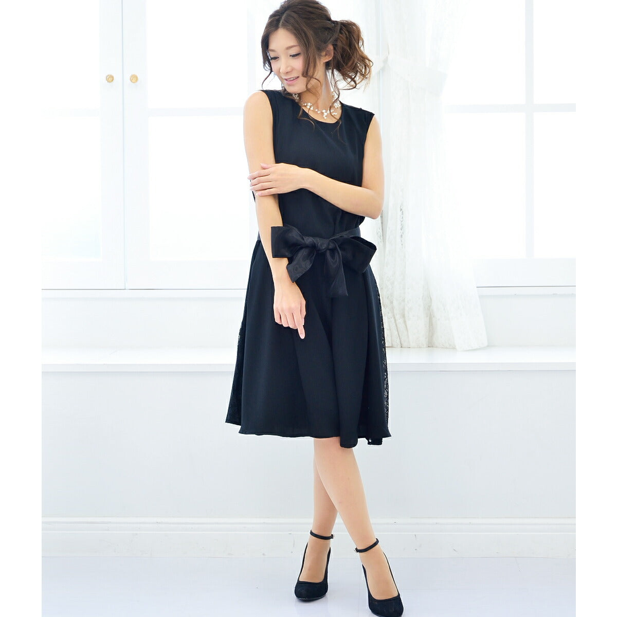 パーティードレス結婚式/ワンピース/ドレス/秋冬/お呼ばれＩライン/膝丈/ジョーゼット/サテン/授乳口/マタニティドレス/リボン/コードレース/ピンク/ネイビー/ブルーグリーン/ブラック/Mサイズ/9号