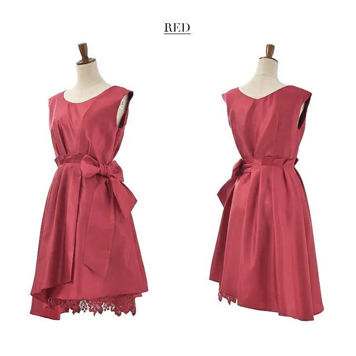 シャンタン素材のミディアム丈裾レースパーティードレス秋冬ピンクサックスレッドグリーンネイビー9号