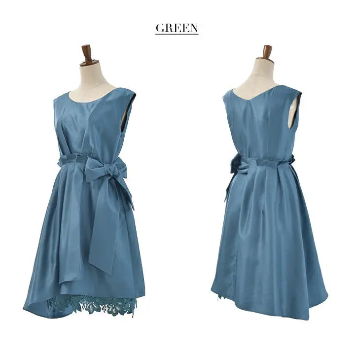 シャンタン素材のミディアム丈裾レースパーティードレス秋冬ピンクサックスレッドグリーンネイビー9号