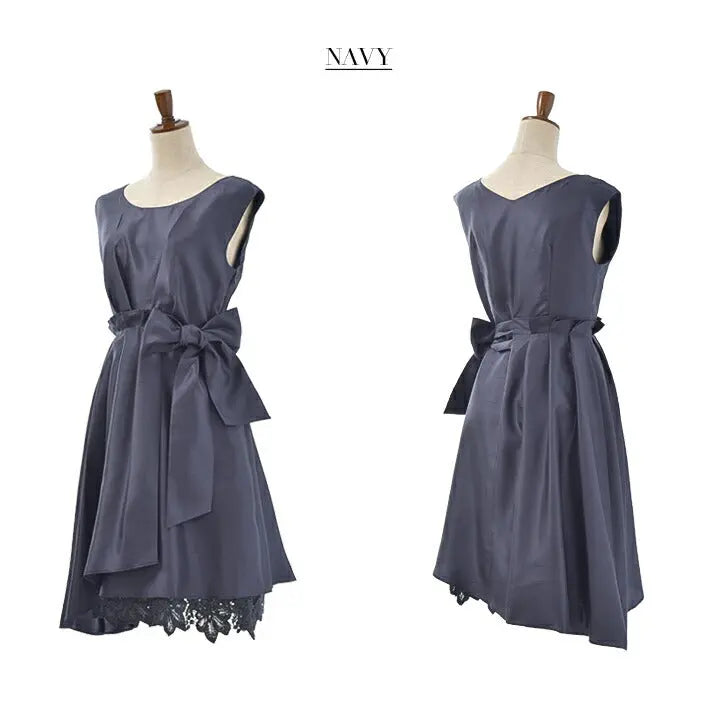 シャンタン素材のミディアム丈裾レースパーティードレス秋冬ピンクサックスレッドグリーンネイビー9号