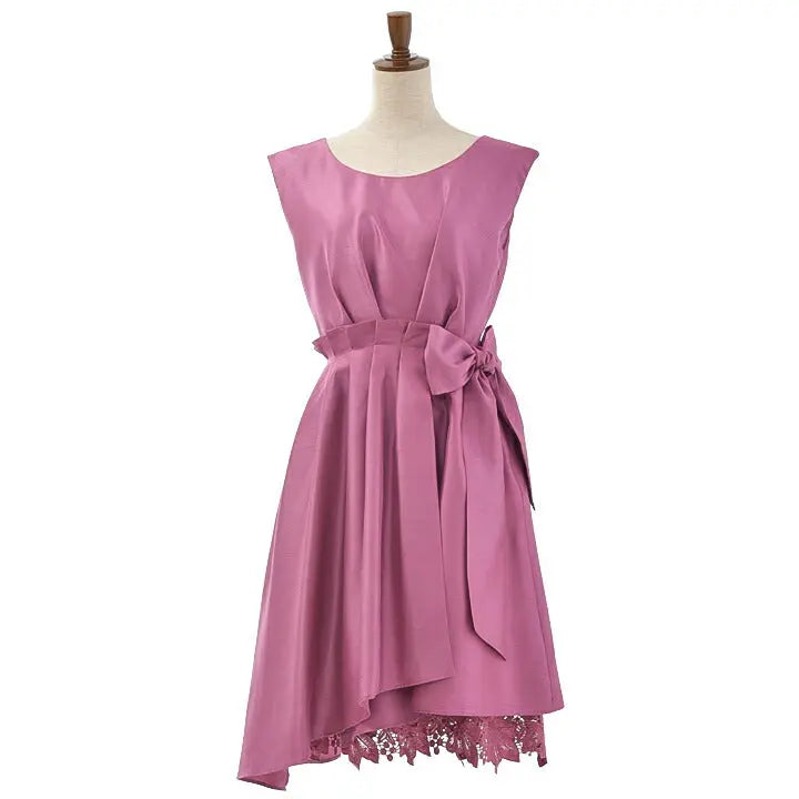 シャンタン素材のミディアム丈裾レースパーティードレス 春夏 ピンク サックス レッド グリーン ネイビー 9号 パーティードレス通販TwinkleGIrls