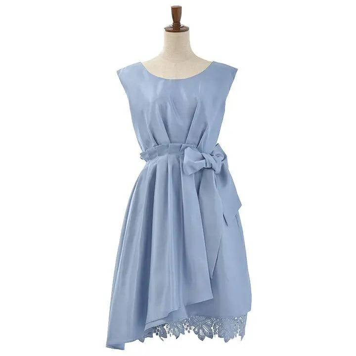 シャンタン素材のミディアム丈裾レースパーティードレス 春夏 ピンク サックス レッド グリーン ネイビー 9号 パーティードレス通販TwinkleGIrls