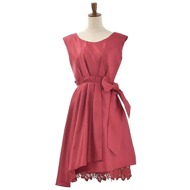 シャンタン素材のミディアム丈裾レースパーティードレス 春夏 ピンク サックス レッド グリーン ネイビー 9号 パーティードレス通販TwinkleGIrls