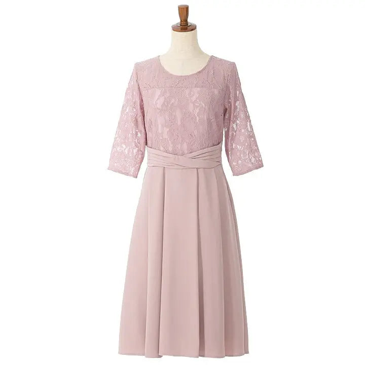 ドレス 結婚式 パーティードレス /ドレス 結婚式 ひざ丈 /コードレース パーティードレス  結婚式 パーティードレス レース 7分丈 Aラインドレス ツイル フレアスカート パーティードレス通販TwinkleGIrls