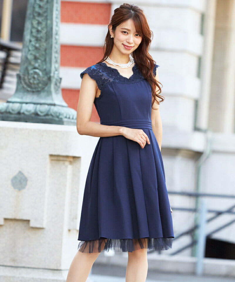 結婚式ワンピースパーティードレスパーティドレスドレスレース袖レース二次会披露宴お呼ばれフォーマルレディース袖あり半袖服即日配送