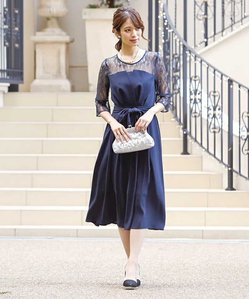 パーティードレス 結婚式 ワンピース 袖あり レース ミモレ丈 ドレス 二次会 披露宴 お呼ばれ フォーマル レディース 服