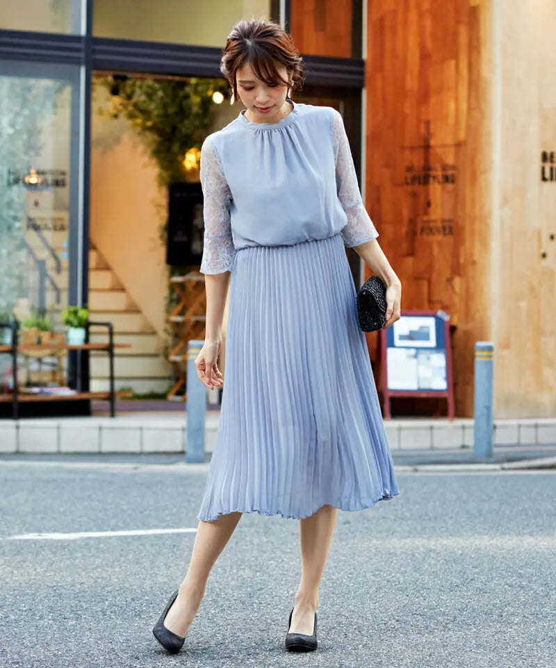 パーティードレス 結婚式 ワンピース 袖あり レース ロング丈 ミモレ ドレス レース 二次会 披露宴 お呼ばれ フォーマル レディース 服