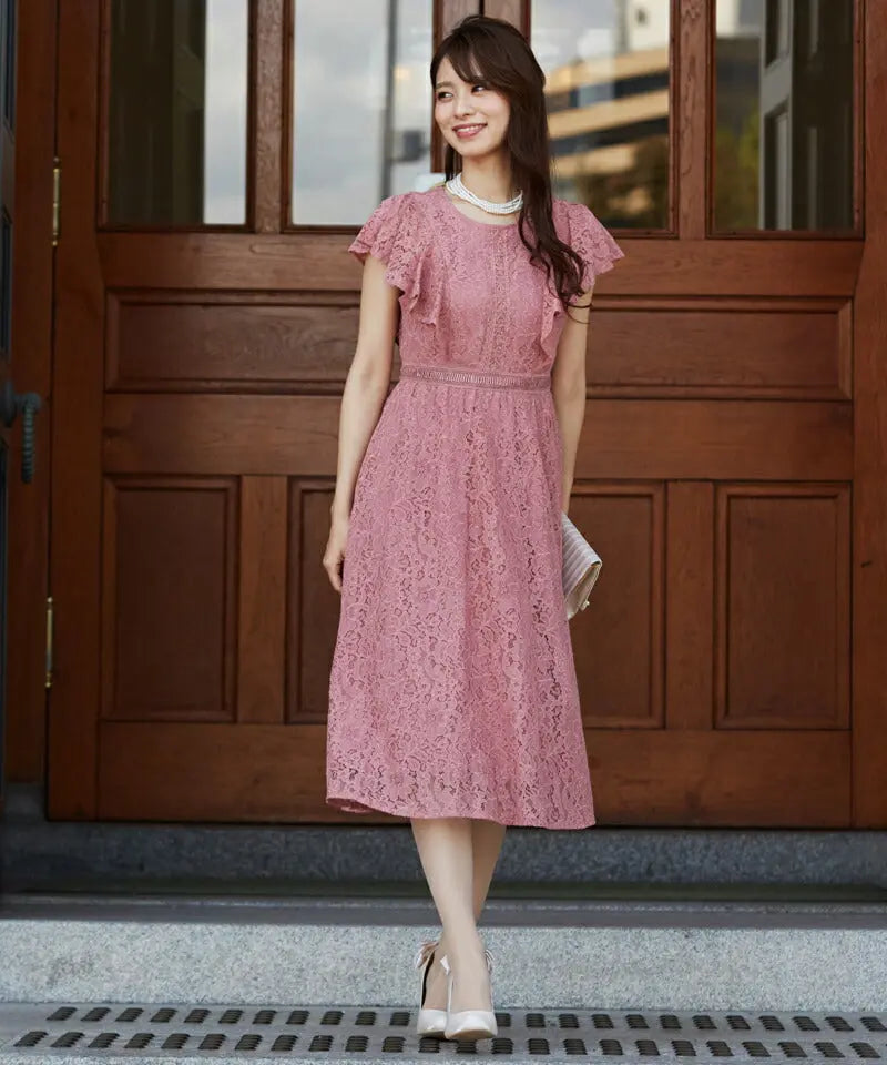 パーティードレス 結婚式 ワンピース 袖あり レース ミモレ丈 ドレス 総レース 二次会 披露宴 お呼ばれ フォーマル レディース 服