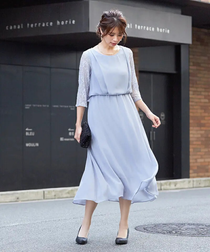 パーティードレス 結婚式 ワンピース 袖あり レース ミモレ丈 ドレス 二次会 披露宴 お呼ばれ フォーマル レディース 服