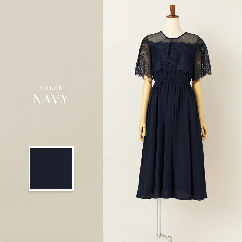 パーティードレス 結婚式 ワンピース ドレス お呼ばれ 袖あり 半袖 体型カバー ジョーゼット スカラップレース ウエストゴム 膝丈 ミモレ丈 パーティー 披露宴 謝恩会 同窓会 成人式 フォーマル レディース 服