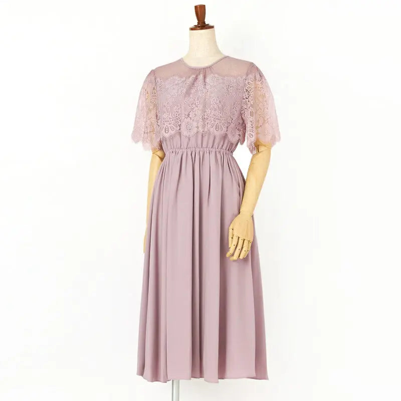 パーティードレス結婚式ワンピースドレスお呼ばれ袖あり半袖体型カバージョーゼットスカラップレースウエストゴム膝丈ミモレ丈パーティー披露宴謝恩会同窓会成人式フォーマルレディース服即日配送