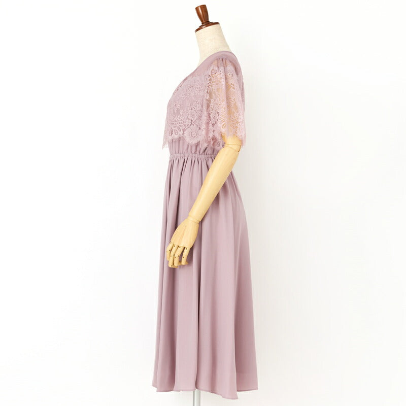 パーティードレス結婚式ワンピースドレスお呼ばれ袖あり半袖体型カバージョーゼットスカラップレースウエストゴム膝丈ミモレ丈パーティー披露宴謝恩会同窓会成人式フォーマルレディース服即日配送