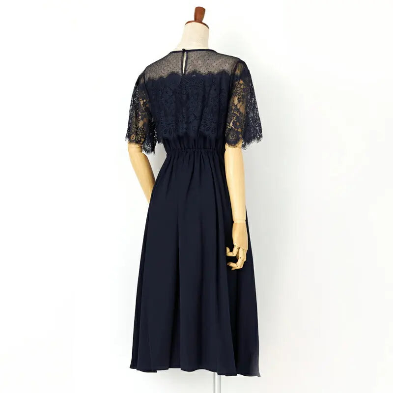 パーティードレス結婚式ワンピースドレスお呼ばれ袖あり半袖体型カバージョーゼットスカラップレースウエストゴム膝丈ミモレ丈パーティー披露宴謝恩会同窓会成人式フォーマルレディース服即日配送