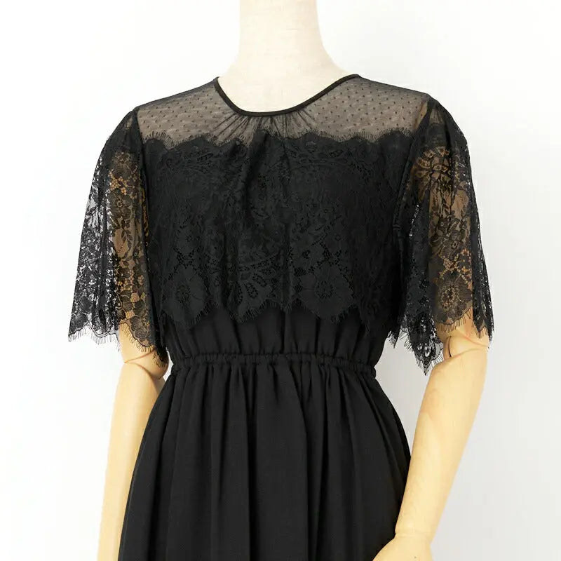 パーティードレス結婚式ワンピースドレスお呼ばれ袖あり半袖体型カバージョーゼットスカラップレースウエストゴム膝丈ミモレ丈パーティー披露宴謝恩会同窓会成人式フォーマルレディース服即日配送