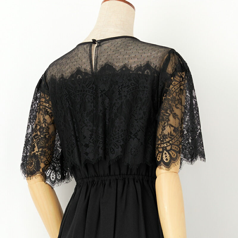 パーティードレス結婚式ワンピースドレスお呼ばれ袖あり半袖体型カバージョーゼットスカラップレースウエストゴム膝丈ミモレ丈パーティー披露宴謝恩会同窓会成人式フォーマルレディース服即日配送