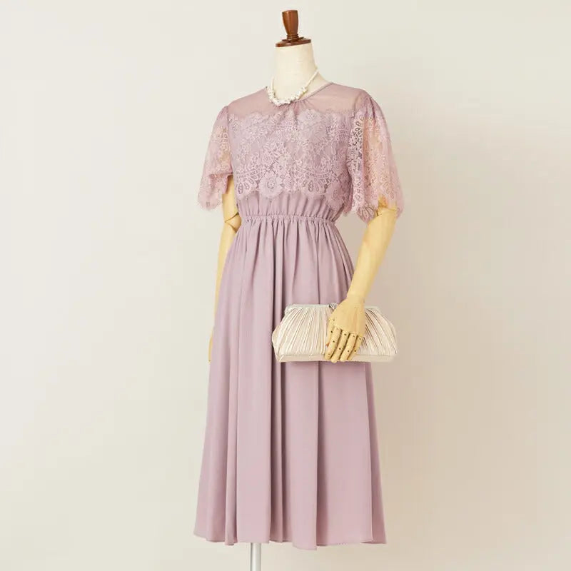 パーティードレス 結婚式 ワンピース ドレス お呼ばれ 袖あり 半袖 体型カバー ジョーゼット スカラップレース ウエストゴム 膝丈 ミモレ丈 パーティー 披露宴 謝恩会 同窓会 成人式 フォーマル レディース 服 パーティードレス通販TwinkleGIrls