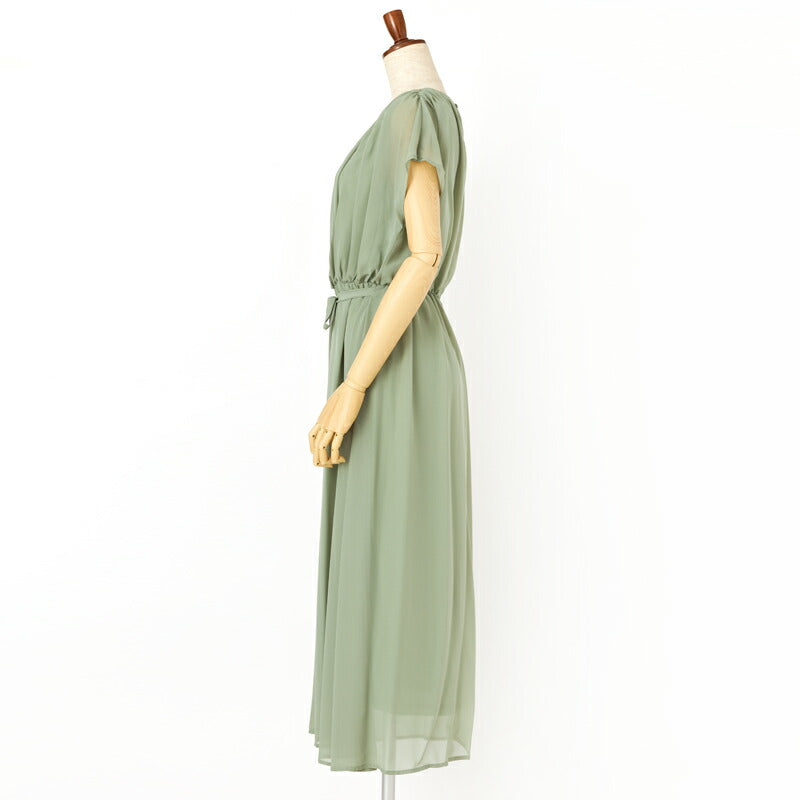 パーティードレス結婚式ワンピースドレスお呼ばれ袖あり半袖体型カバージョーゼットスカラップレースウエストゴム膝丈ミモレ丈パーティー披露宴謝恩会同窓会成人式フォーマルレディース服即日配送