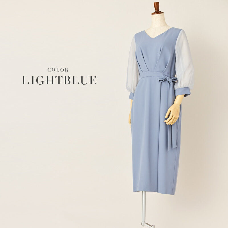 パーティードレス 結婚式 ワンピース ドレス 袖あり タイト ミモレ丈 膝丈 全4色