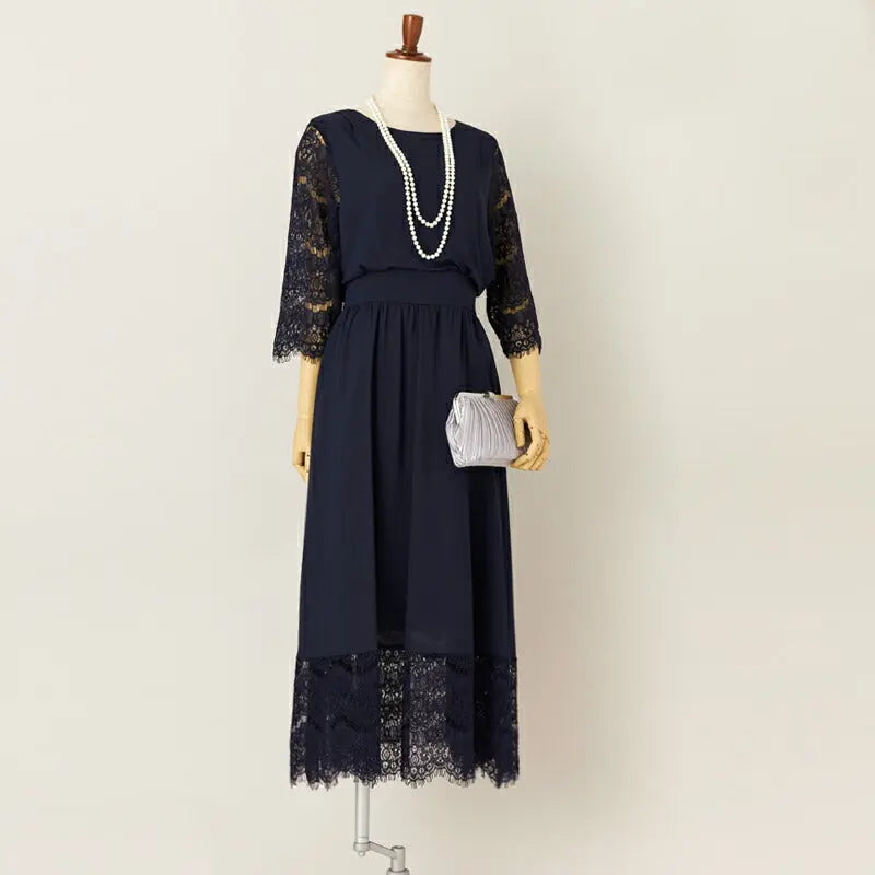 パーティードレス 結婚式 ワンピース ドレス お呼ばれ レース  7分袖 裾レース 袖レース 体型カバー 膝丈 ミモレ丈 パーティー 披露宴 謝恩会 同窓会 成人式 フォーマル レディース 服