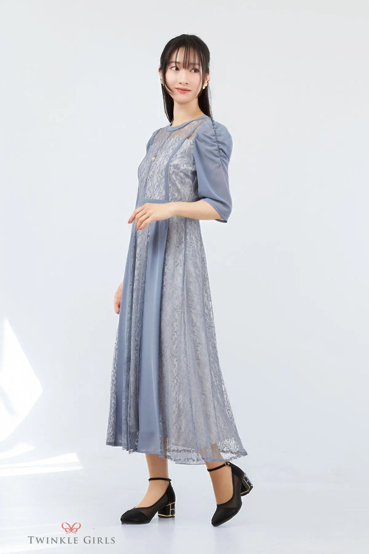 パーティードレス 結婚式ワンピース ドレス レディース ロング丈 袖あり シフォン×レース 上品 M partydress1831 - パーティードレス通販TwinkleGIrls