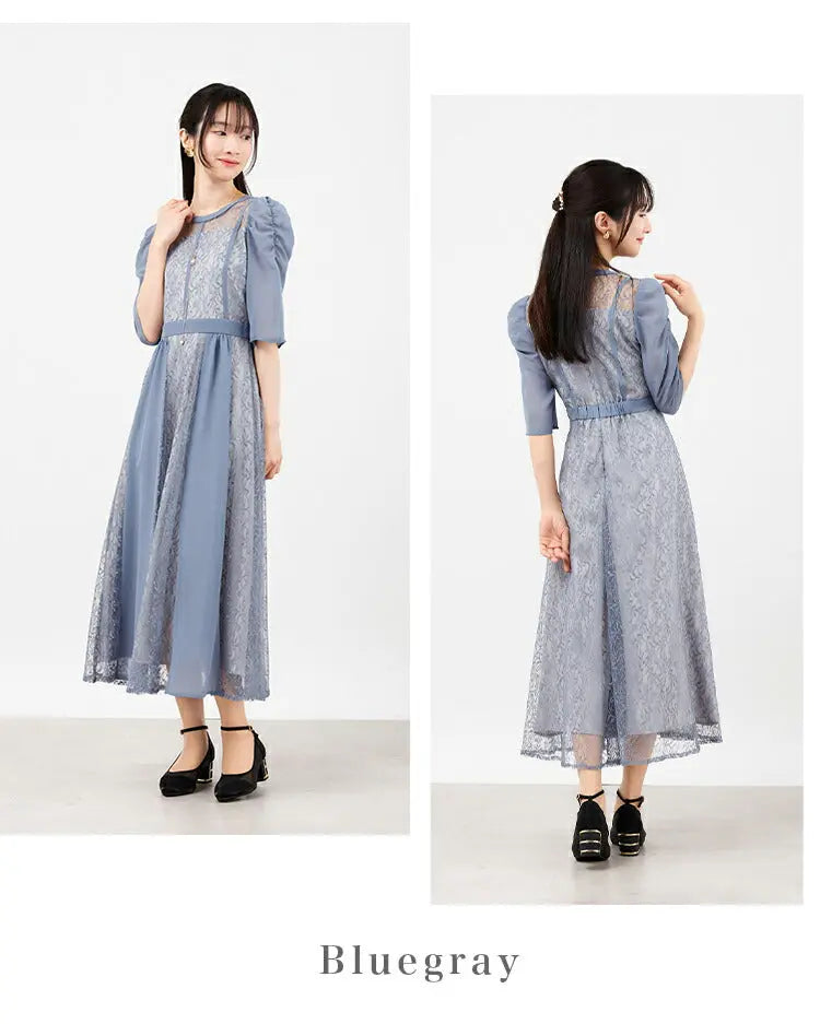 パーティードレス 結婚式ワンピース ドレス レディース ロング丈 袖あり シフォン×レース 上品 M partydress1831 - パーティードレス通販TwinkleGIrls