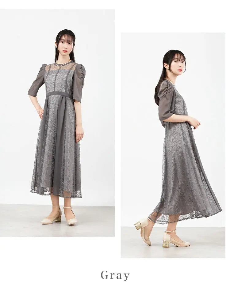 パーティードレス 結婚式ワンピース ドレス レディース ロング丈 袖あり シフォン×レース 上品 M partydress1831 - パーティードレス通販TwinkleGIrls
