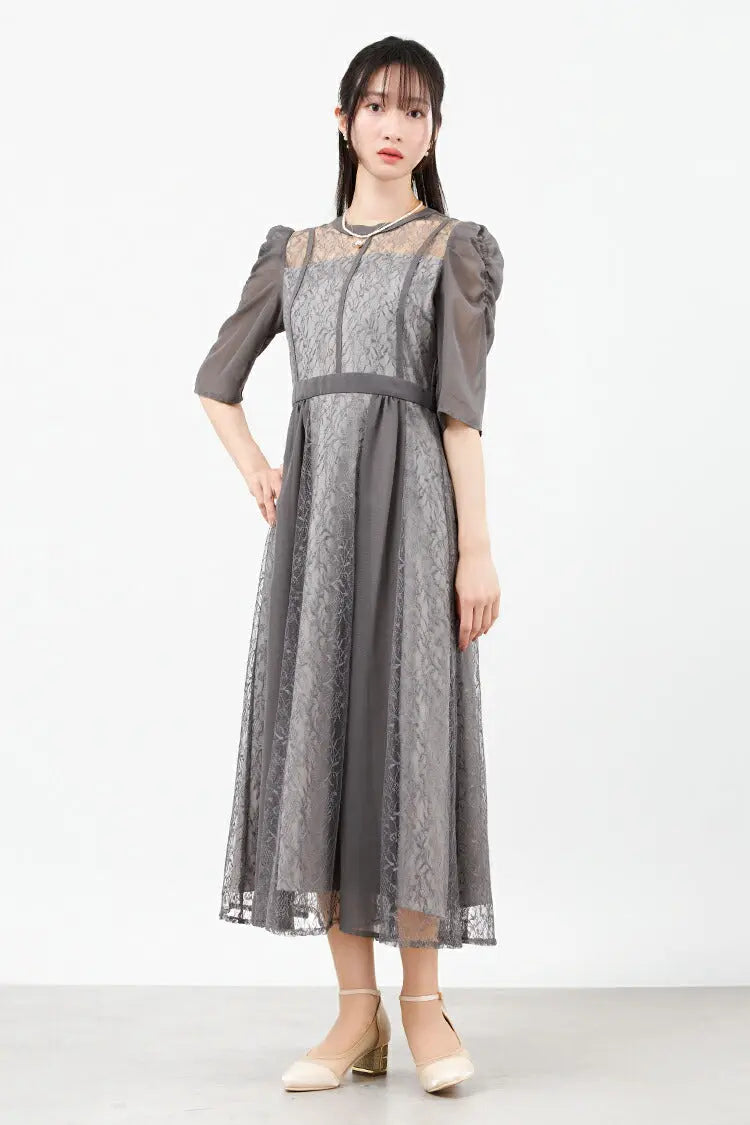 パーティードレス 結婚式ワンピース ドレス レディース ロング丈 袖あり シフォン×レース 上品 M partydress1831 - パーティードレス通販TwinkleGIrls