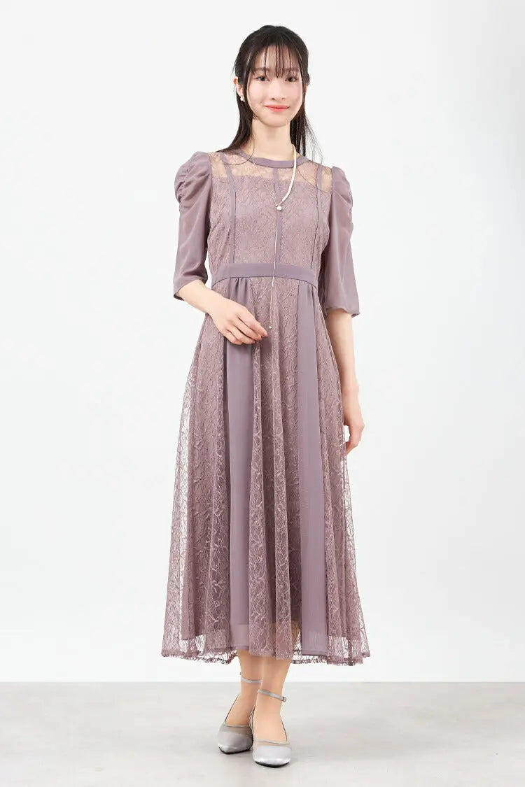 パーティードレス 結婚式ワンピース ドレス レディース ロング丈 袖あり シフォン×レース 上品 M partydress1831 - パーティードレス通販TwinkleGIrls