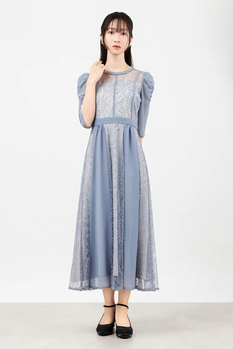 パーティードレス 結婚式ワンピース ドレス レディース ロング丈 袖あり シフォン×レース 上品 M partydress1831 - パーティードレス通販TwinkleGIrls