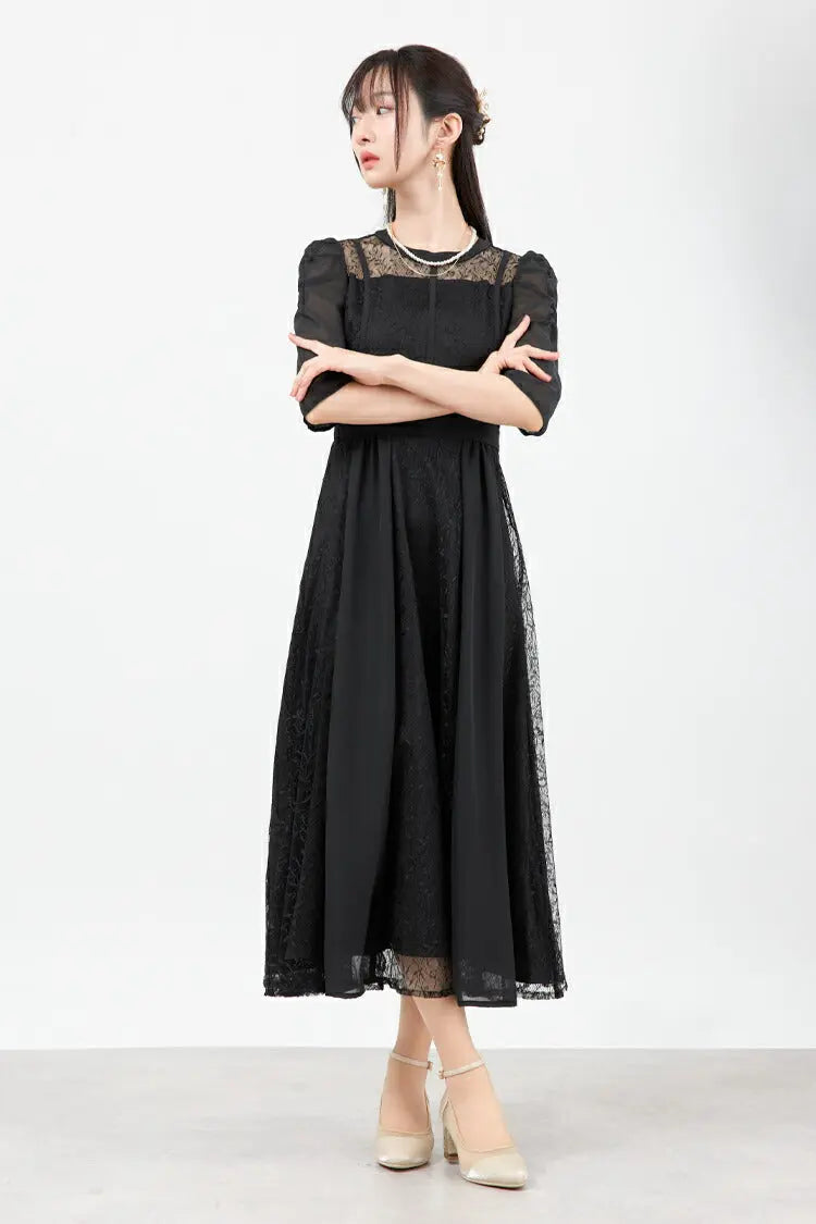 パーティードレス 結婚式ワンピース ドレス レディース ロング丈 袖あり シフォン×レース 上品 M partydress1831 - パーティードレス通販TwinkleGIrls