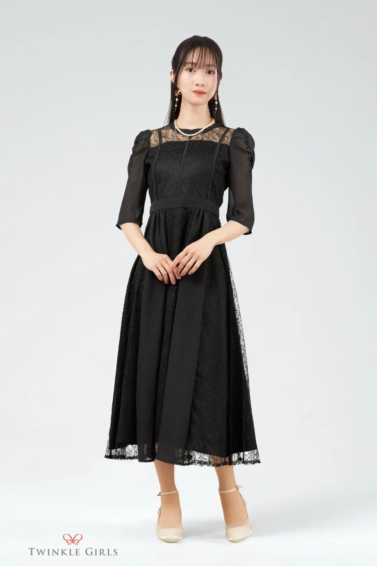 パーティードレス 結婚式ワンピース ドレス レディース ロング丈 袖あり シフォン×レース 上品 M partydress1831 - パーティードレス通販TwinkleGIrls