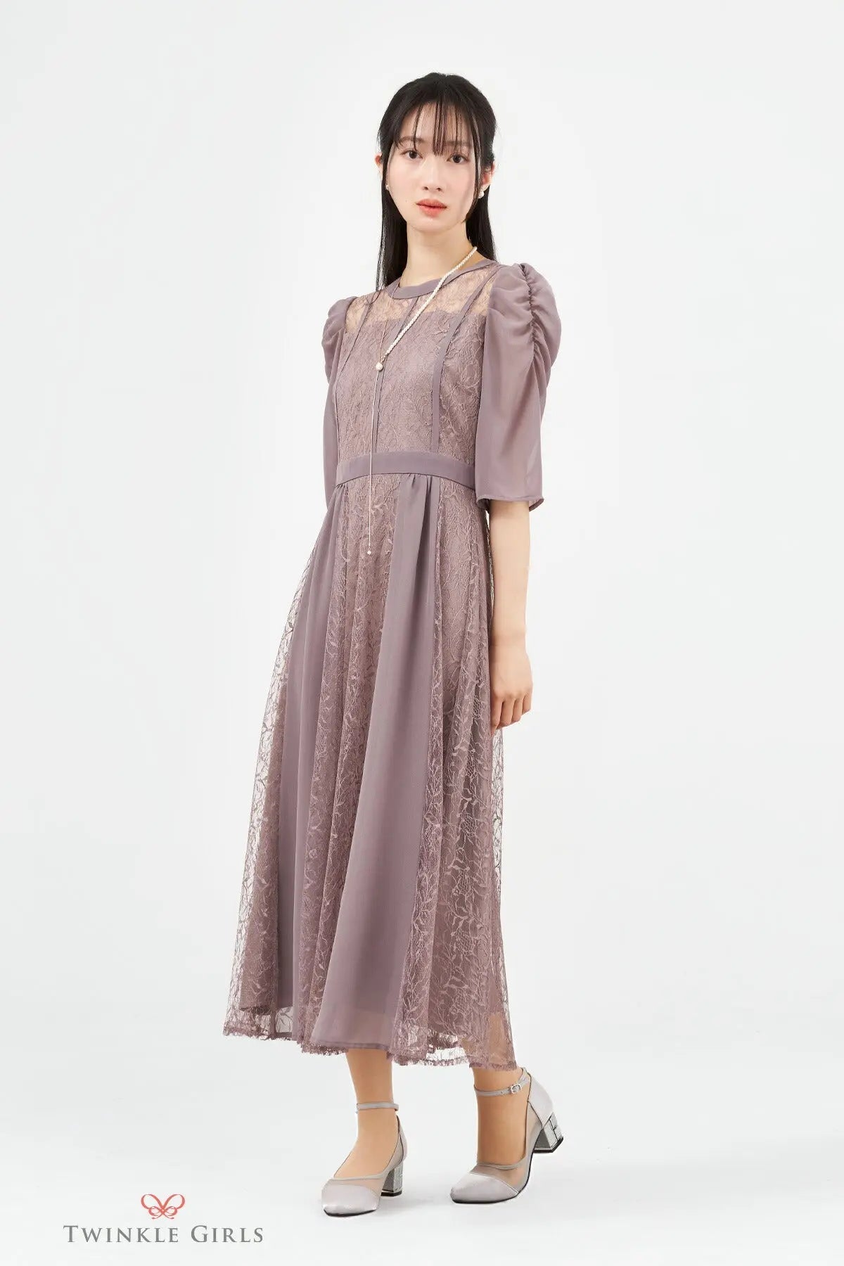 パーティードレス 結婚式ワンピース ドレス レディース ロング丈 袖あり シフォン×レース 上品 M partydress1831 - パーティードレス通販TwinkleGIrls